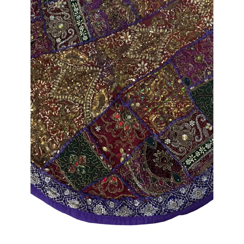 Handmade Indian Patchwork Round Tapestry Gold Zardosi Beaded Boho Purple 22in